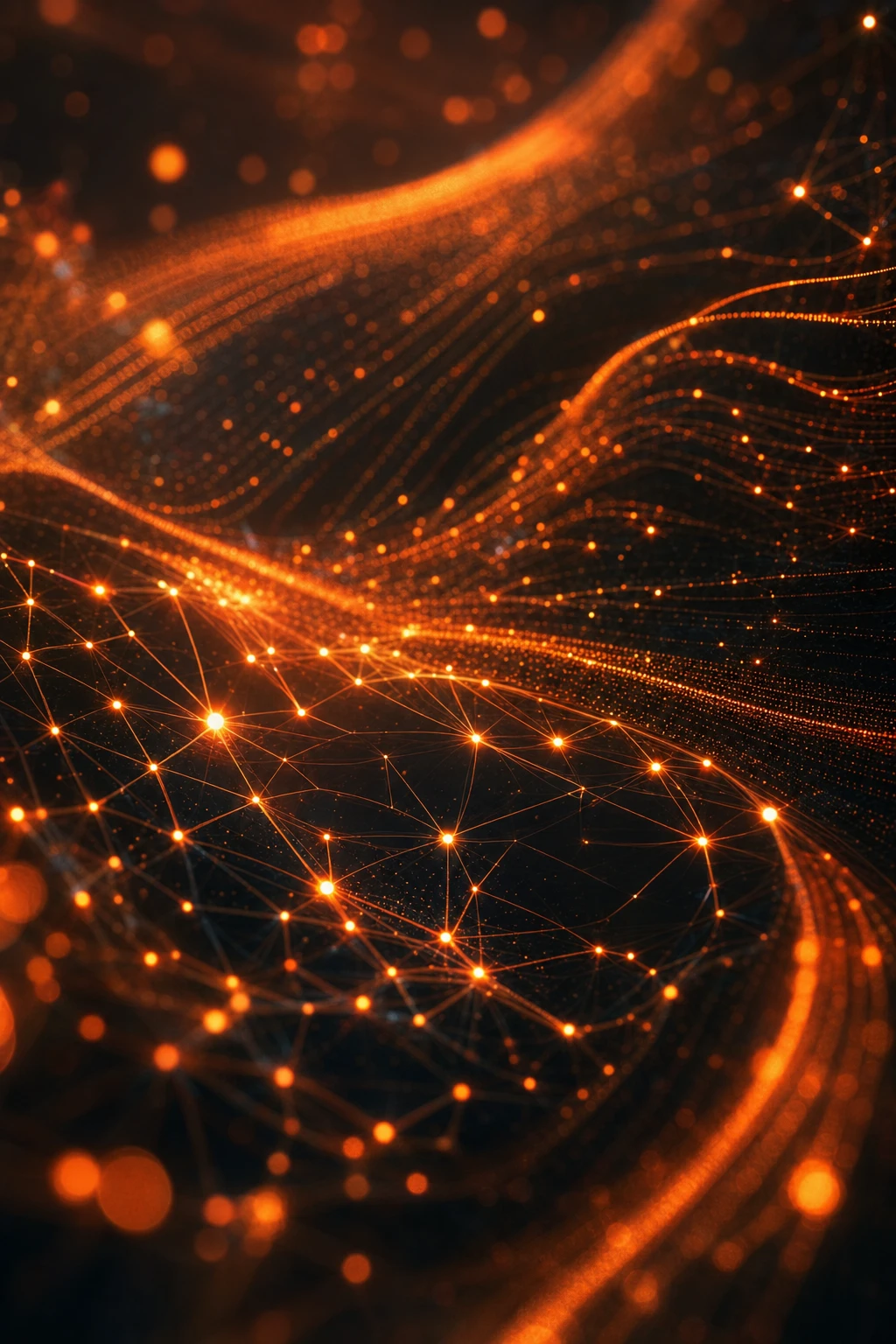 Abstract visualization of generative AI technology creating digital content — glowing data streams and neural-network nodes in deep amber.