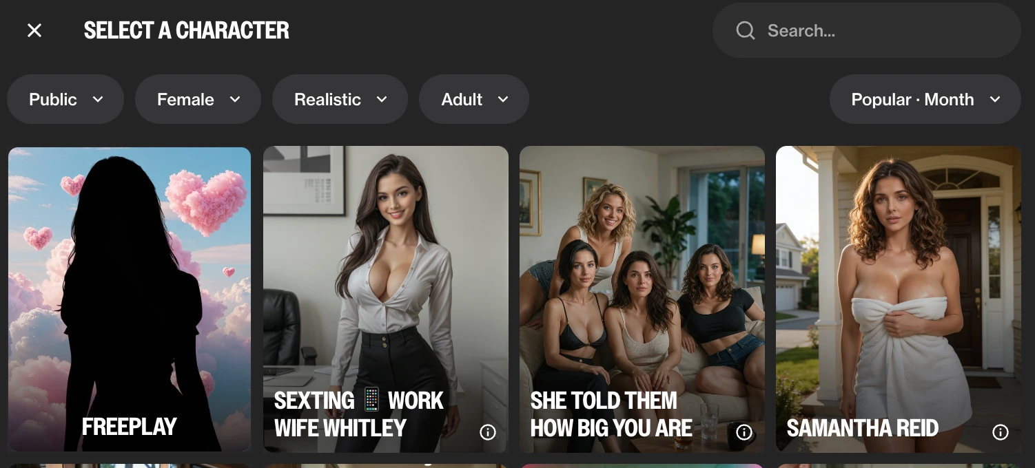 Character picker with Public, Female, Realistic and Adult filters showing popular characters
