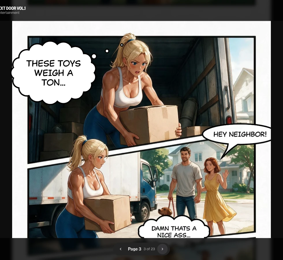 Comic Studio reader showing a multi-panel comic page with speech bubbles, page 3 of 23