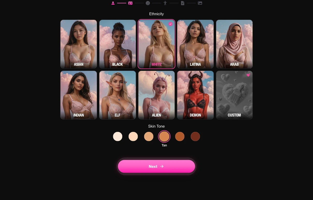 The General tab of the ourdream.ai creator, showing the Ethnicity thumbnails and the Skin Tone options