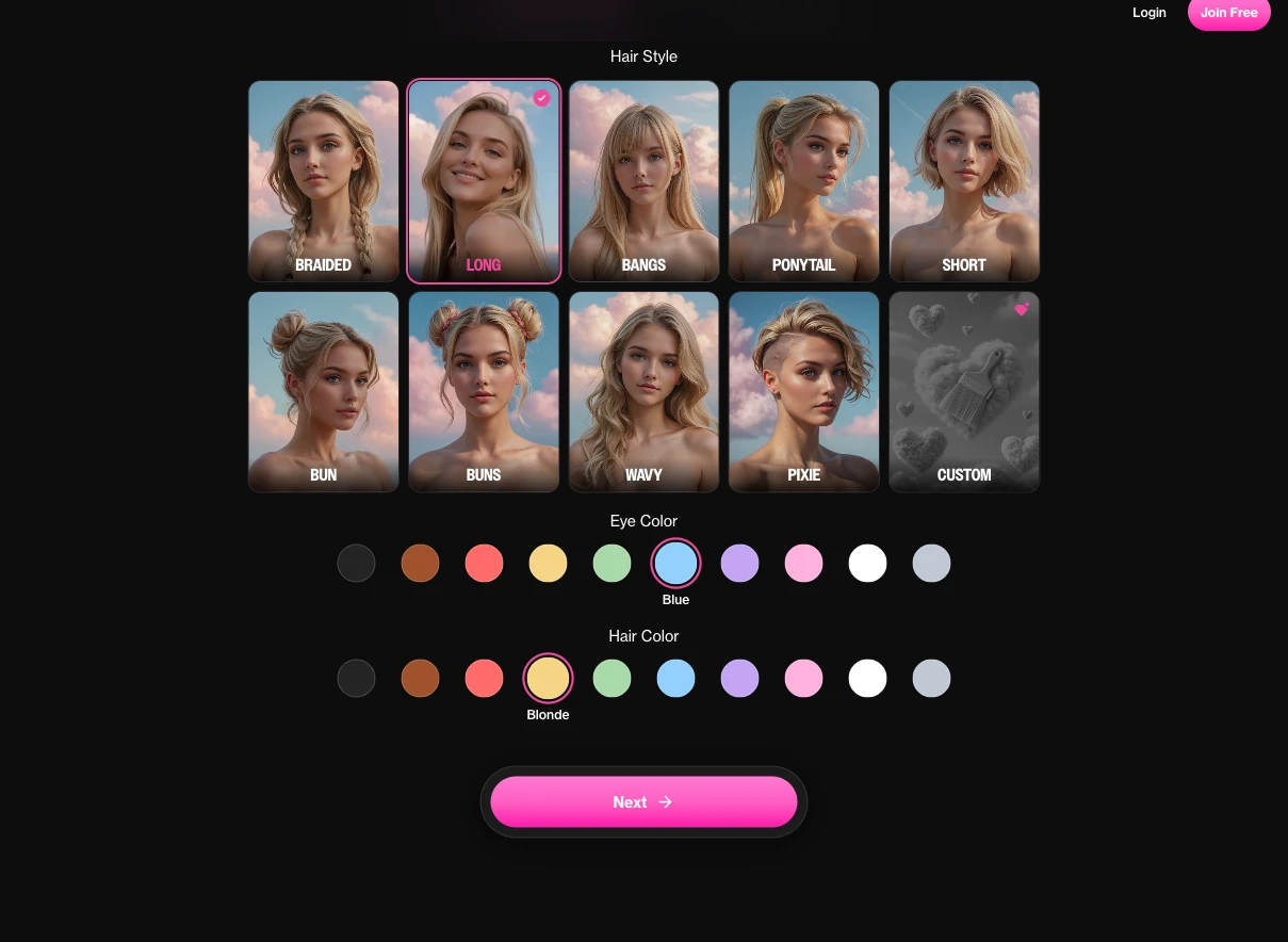 The Face tab, showing Hair Style thumbnails alongside Eye Color and Hair Color options