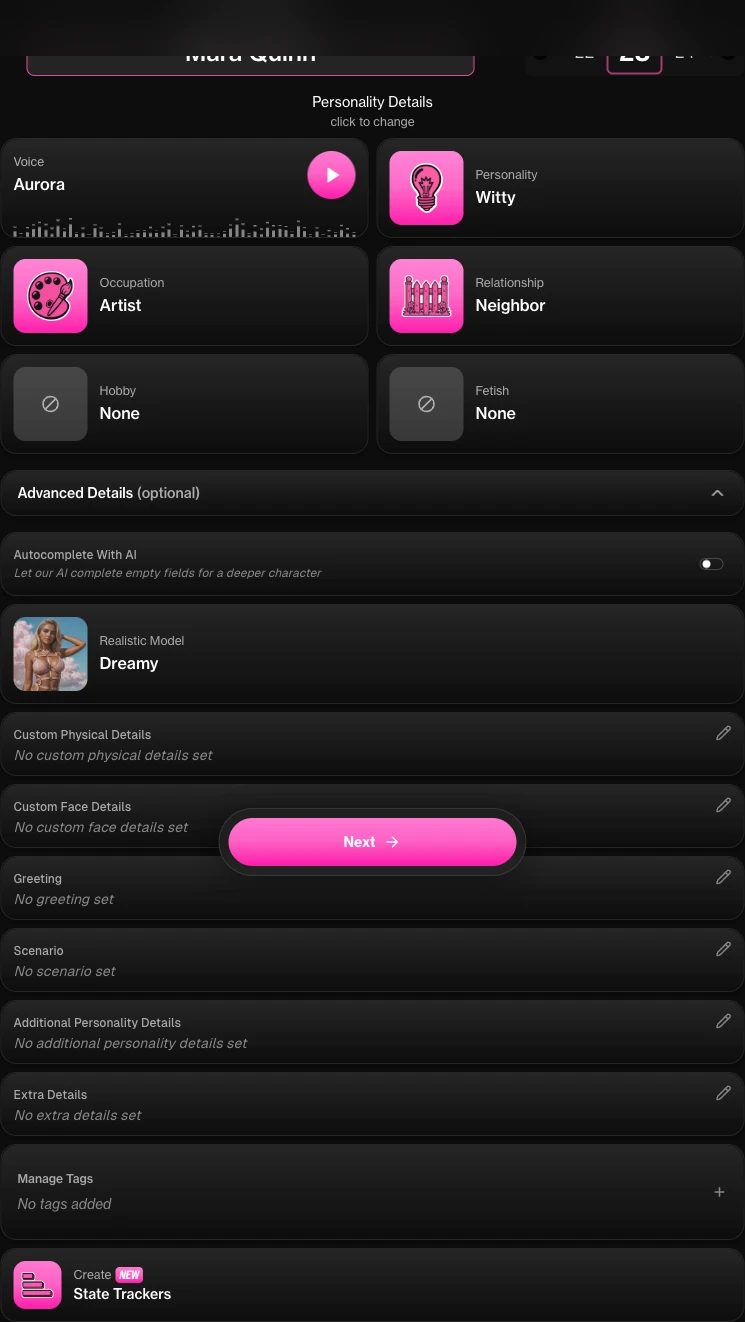 The Details tab with Character Name, Age, and the Voice, Personality, Occupation, Relationship, Hobby and Fetish selectors