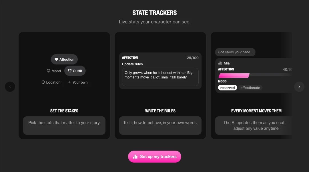 The State Trackers panel showing Affection, Mood, Outfit and Location presets alongside plain-language update rules