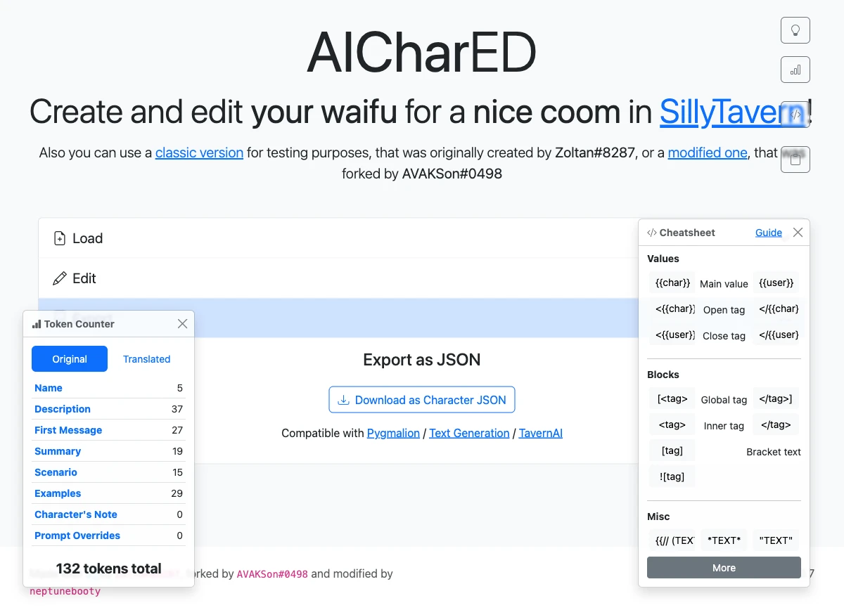 Building a character card in the AICharED editor