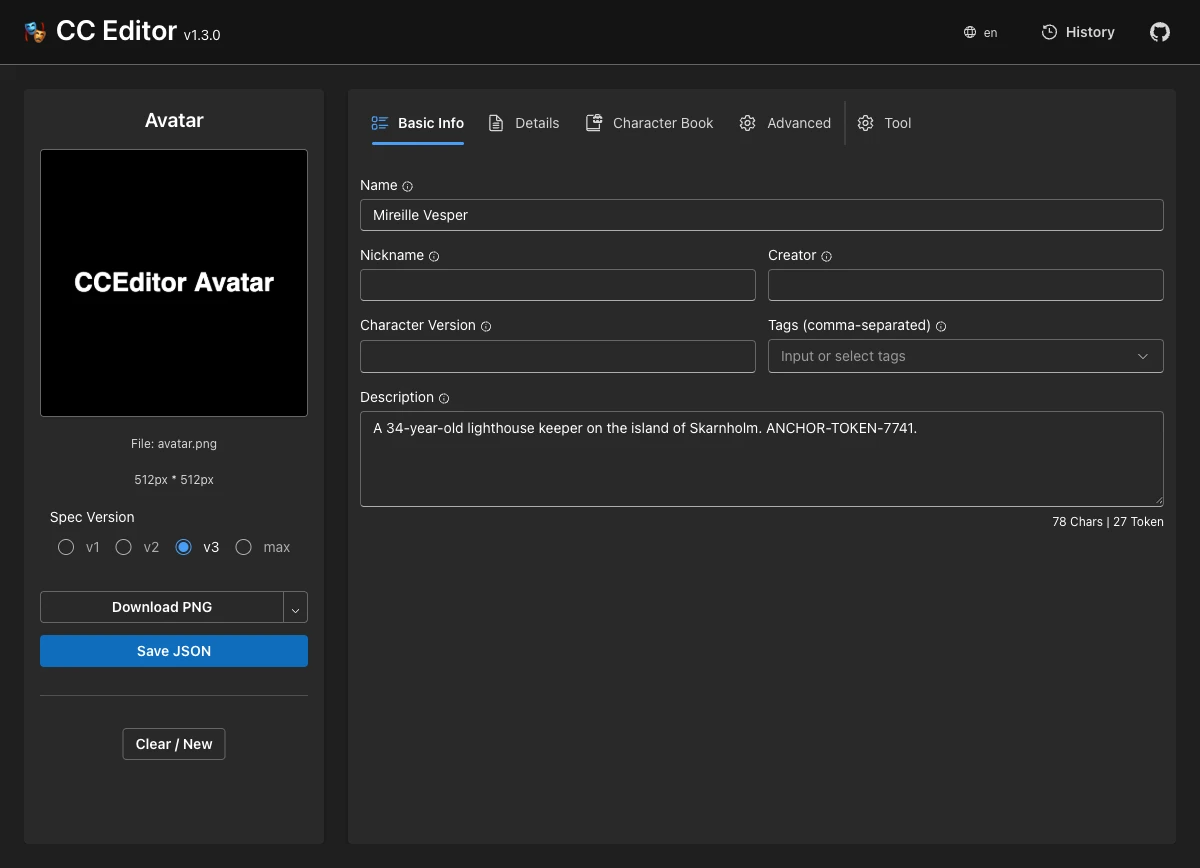 The CCEditor character card editor exporting a V3 card