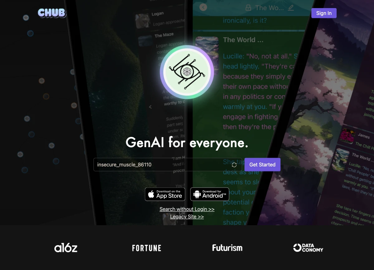 The chub.ai character card hub homepage