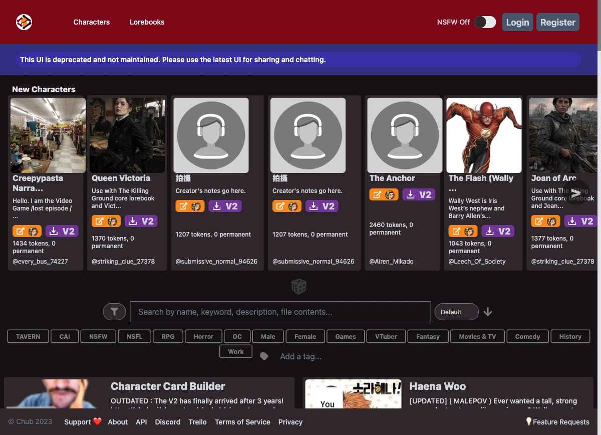 characterhub.org legacy site with deprecation banner