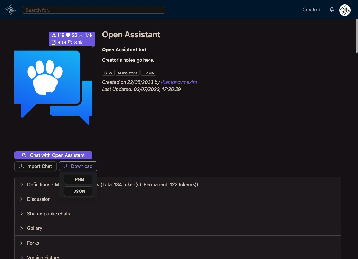 Exporting a Chub card as PNG or JSON