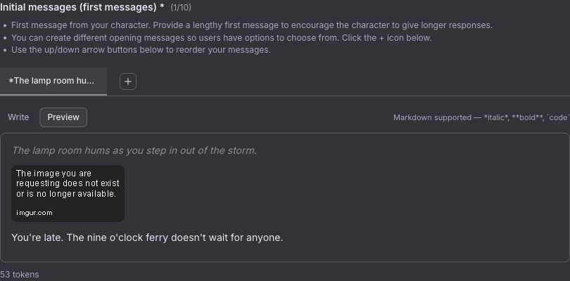 A broken embed URL in a Janitor AI first message preview