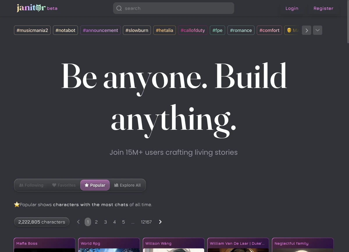 The JanitorAI homepage