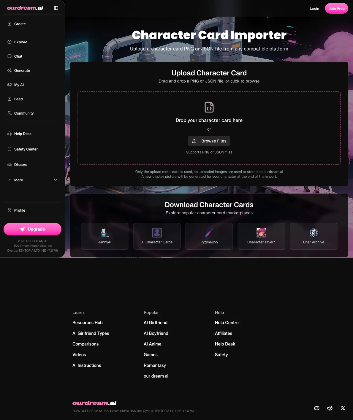 The ourdream.ai character-import upload page
