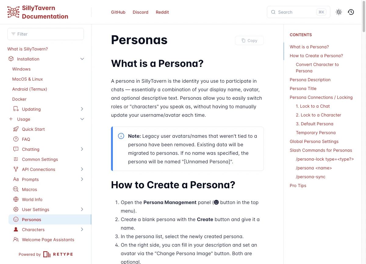 SillyTavern Personas documentation page