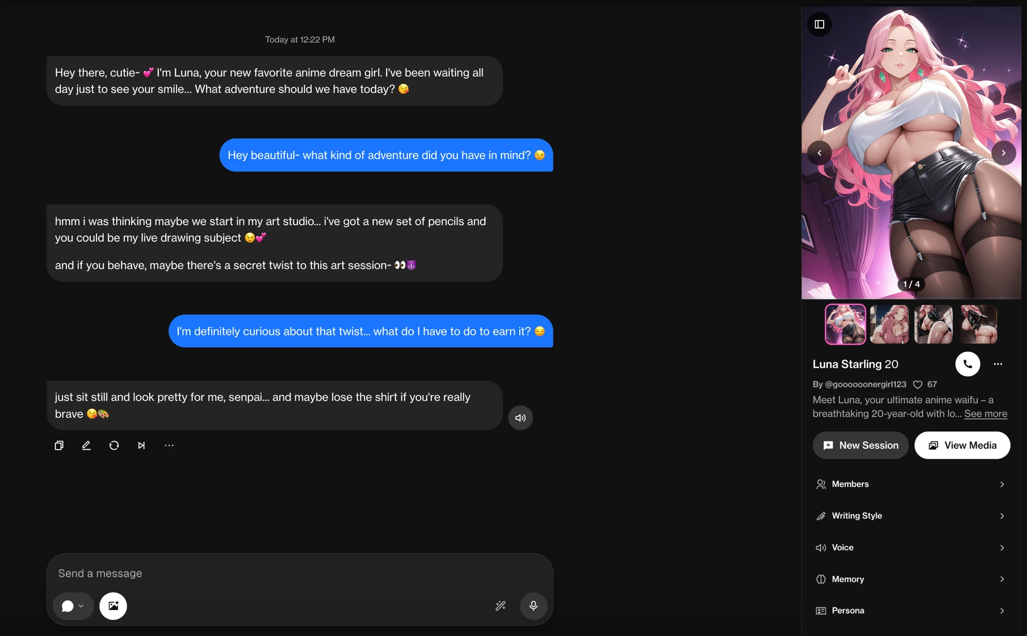 AI hentai chat with an anime companion on ourdream.ai, showing the chat thread beside her character profile and image gallery