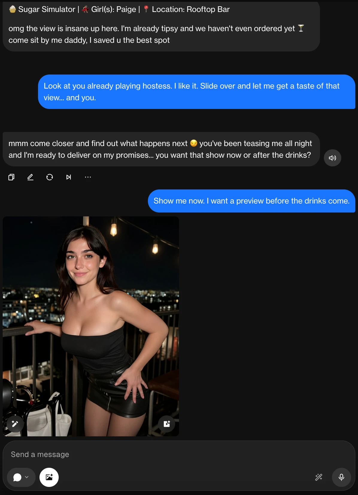 AI sex simulator chat on ourdream.ai showing a generated scene of the companion mid-conversation