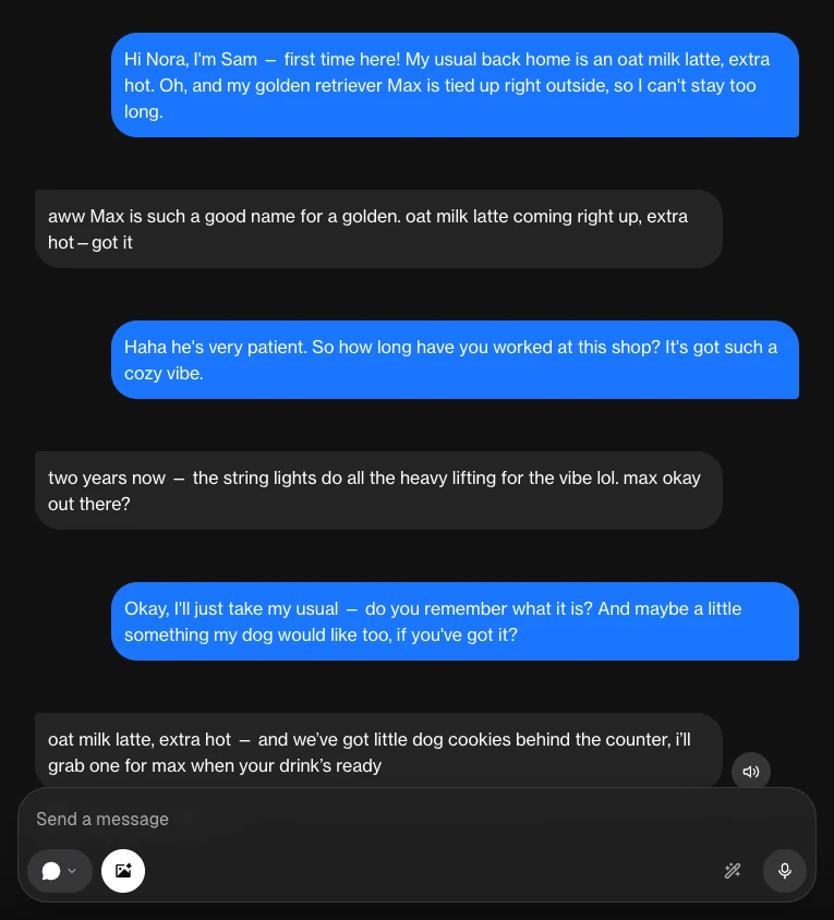 AI companion recalling an earlier detail from a previous chat