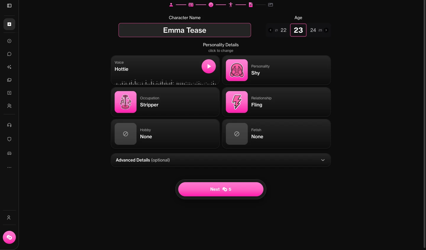 Character creation flow showing voice, personality, and relationship options