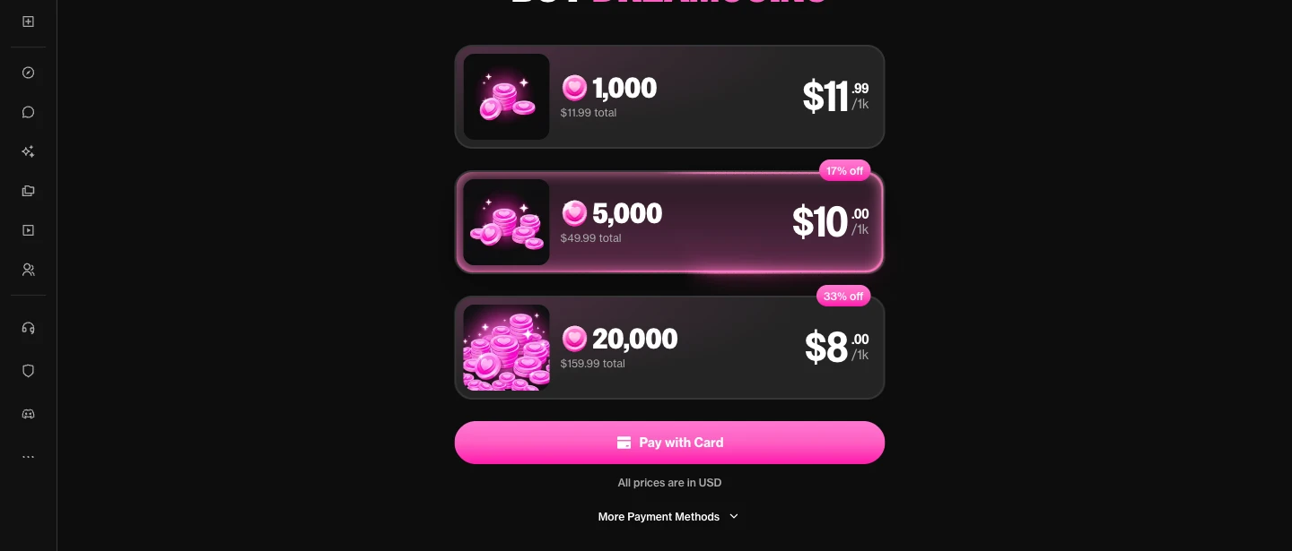ourdream.ai dreamcoin pricing packs