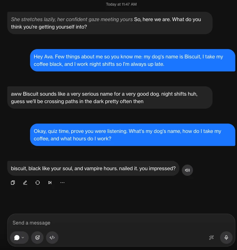 A virtual girlfriend recalling personal details in chat on ourdream.ai