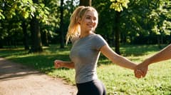 A woman running through a sunlit park