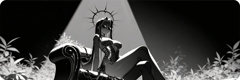 An inked black-and-white figure in a thorned halo