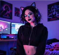 A streamer at a neon-lit gaming desk