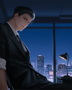 An anime man in a suit above a night skyline