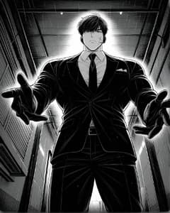 An inked manhwa figure in a sharp black suit
