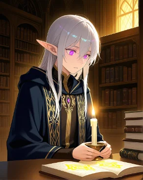 An elf in a dark embroidered cloak reading in a candlelit library