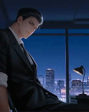 An illustrated character in a smart suit beside a city window